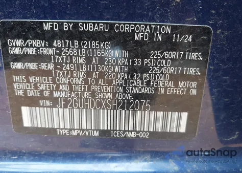 2025 Subaru Crosstrek Premium z USA, uszkodzony, nr VIN JF2GUHDCXSH212075